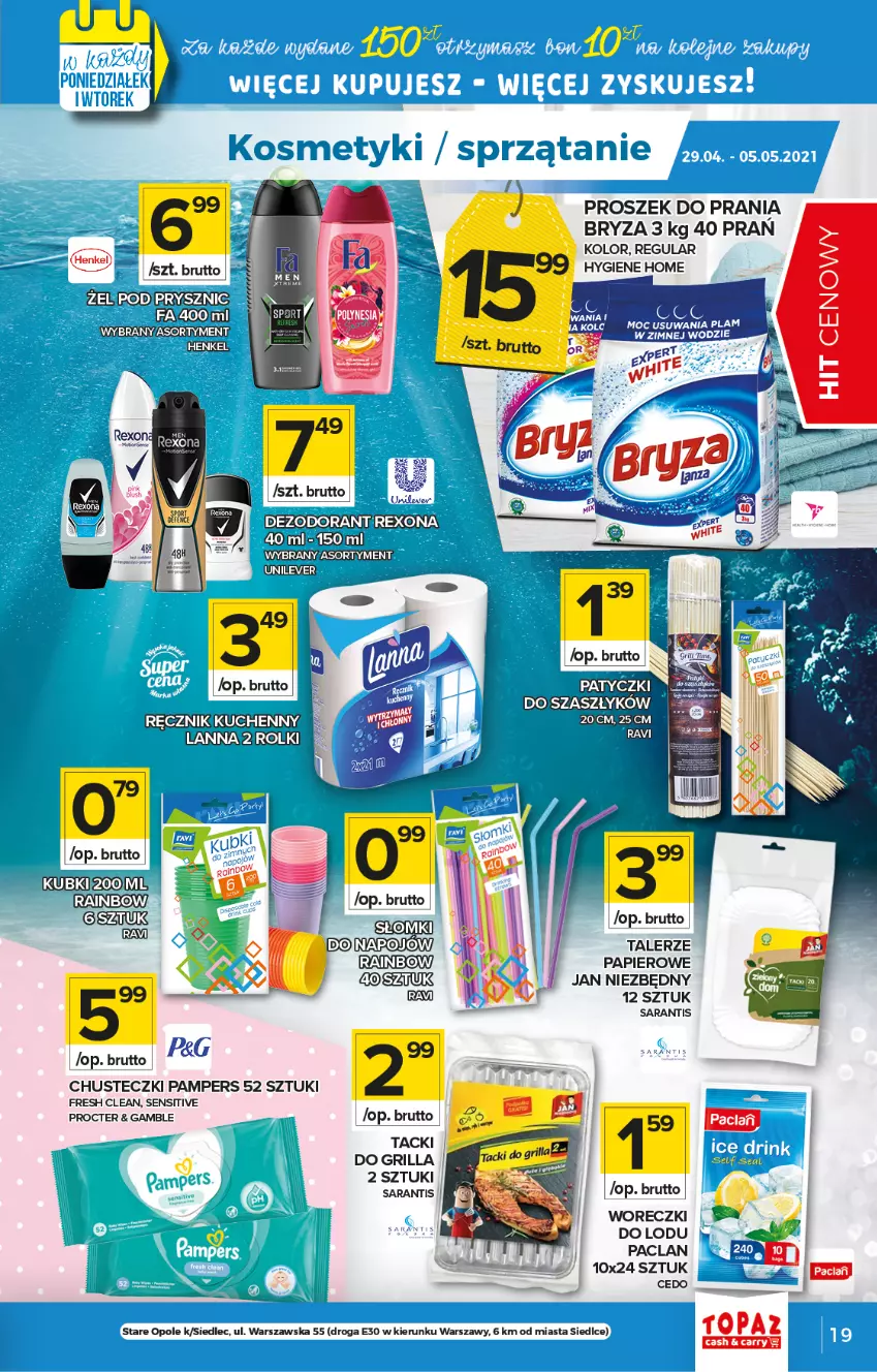 Gazetka promocyjna Topaz - Gazetka - ważna 29.04 do 05.05.2021 - strona 19 - produkty: Bryza, Chusteczki, Dezodorant, Fa, Grill, Jan Niezbędny, Pampers, Papier, Proszek do prania, Rexona, Talerz