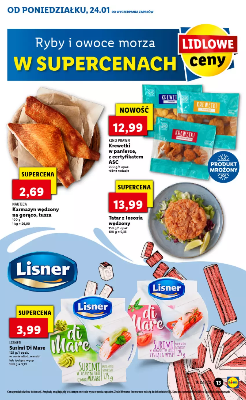 Gazetka promocyjna Lidl - GAZETKA - ważna 24.01 do 26.01.2022 - strona 13 - produkty: Karmazyn wędzony, Krewetki, Lisner, Owoce, Owoce morza, Sos, Surimi, Tusz, Wasa