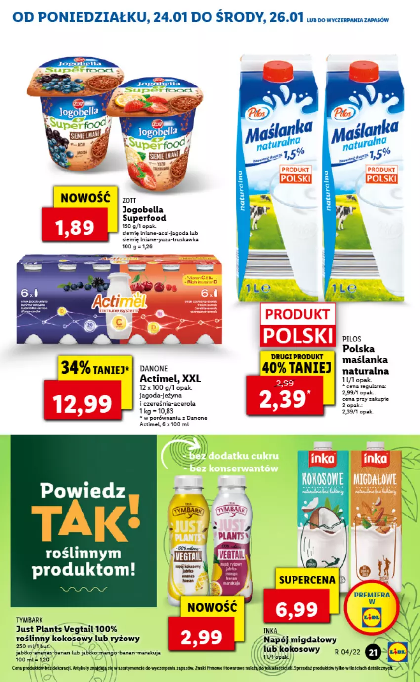 Gazetka promocyjna Lidl - GAZETKA - ważna 24.01 do 26.01.2022 - strona 21 - produkty: Acer, Actimel, Ananas, Bell, Bella, Danone, Inka, Jogobella, Kokos, Maślanka, Napój, Pilos, Por, Pur, Tymbark