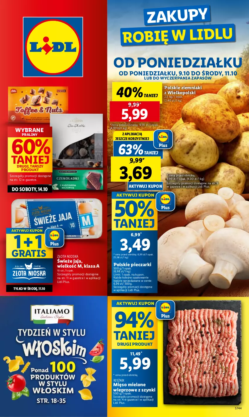 Gazetka promocyjna Lidl - GAZETKA - ważna 09.10 do 11.10.2023 - strona 1 - produkty: Gra, Jaja, Mięso, Mięso mielone, Olej, Piec, Praliny, Ziemniaki