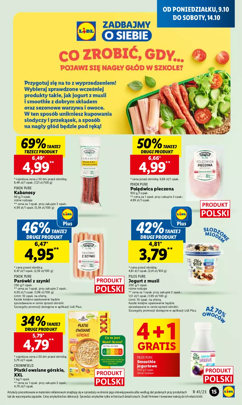 Gazetka promocyjna Lidl - GAZETKA - ważna 09.10 do 11.10.2023 - strona 19 - produkty: Gra, Jogurt, Kabanos, Mus, Olej, Parówki, Parówki z szynki, Piec, PIKOK, Pilos, Płatki owsiane, Polędwica, Pur, Smoothie, Wazon