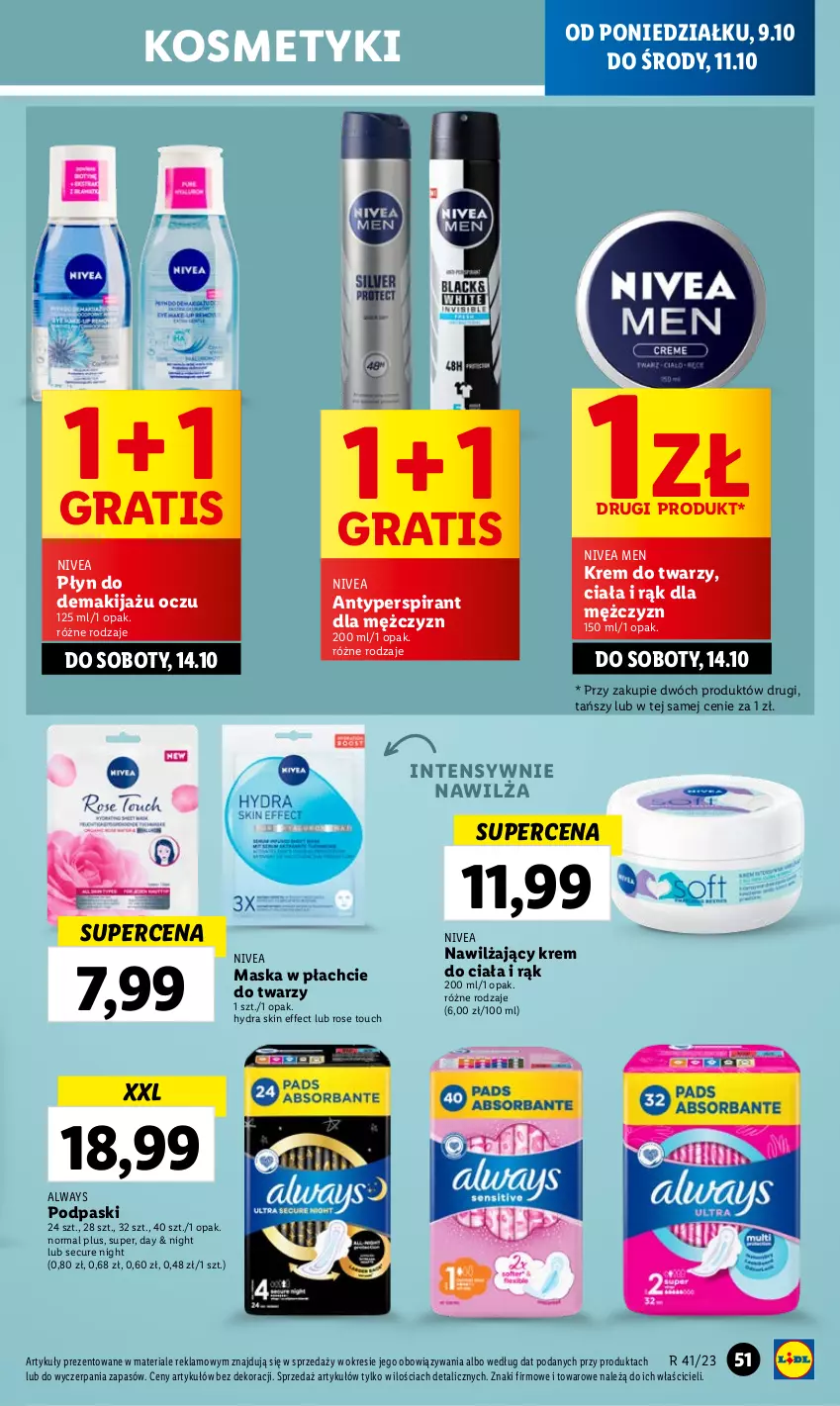 Gazetka promocyjna Lidl - GAZETKA - ważna 09.10 do 11.10.2023 - strona 55 - produkty: Always, Antyperspirant, Gra, Krem do ciała, Krem do twarzy, Makijaż, Maska, Maska w płachcie, Nivea, Nivea Men, Podpaski