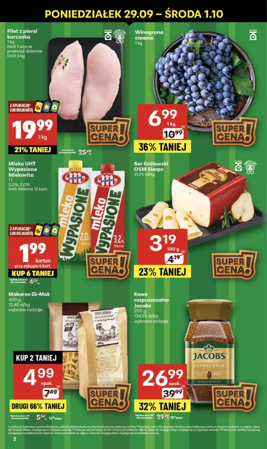 Gazetka promocyjna Delikatesy Centrum - Franczyza DC39 Czwartek - ważna 25.09 do 01.10.2025 - strona 2 - produkty: Jacobs, Kawa, Królewski, LG, Makaron, Mleko, Mlekovita, Rum, Ser, Wino, Winogrona