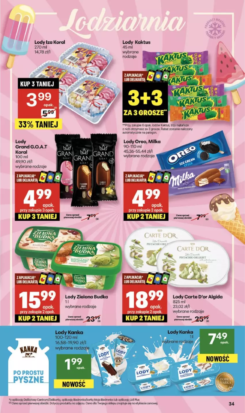 Gazetka promocyjna Delikatesy Centrum - Franczyza DC39 Czwartek - ważna 25.09 do 01.10.2025 - strona 34 - produkty: Algida, Carte d'Or, Gra, K2, Kaktus, LG, Lody, Milka, Oreo, Rum, Zielona Budka
