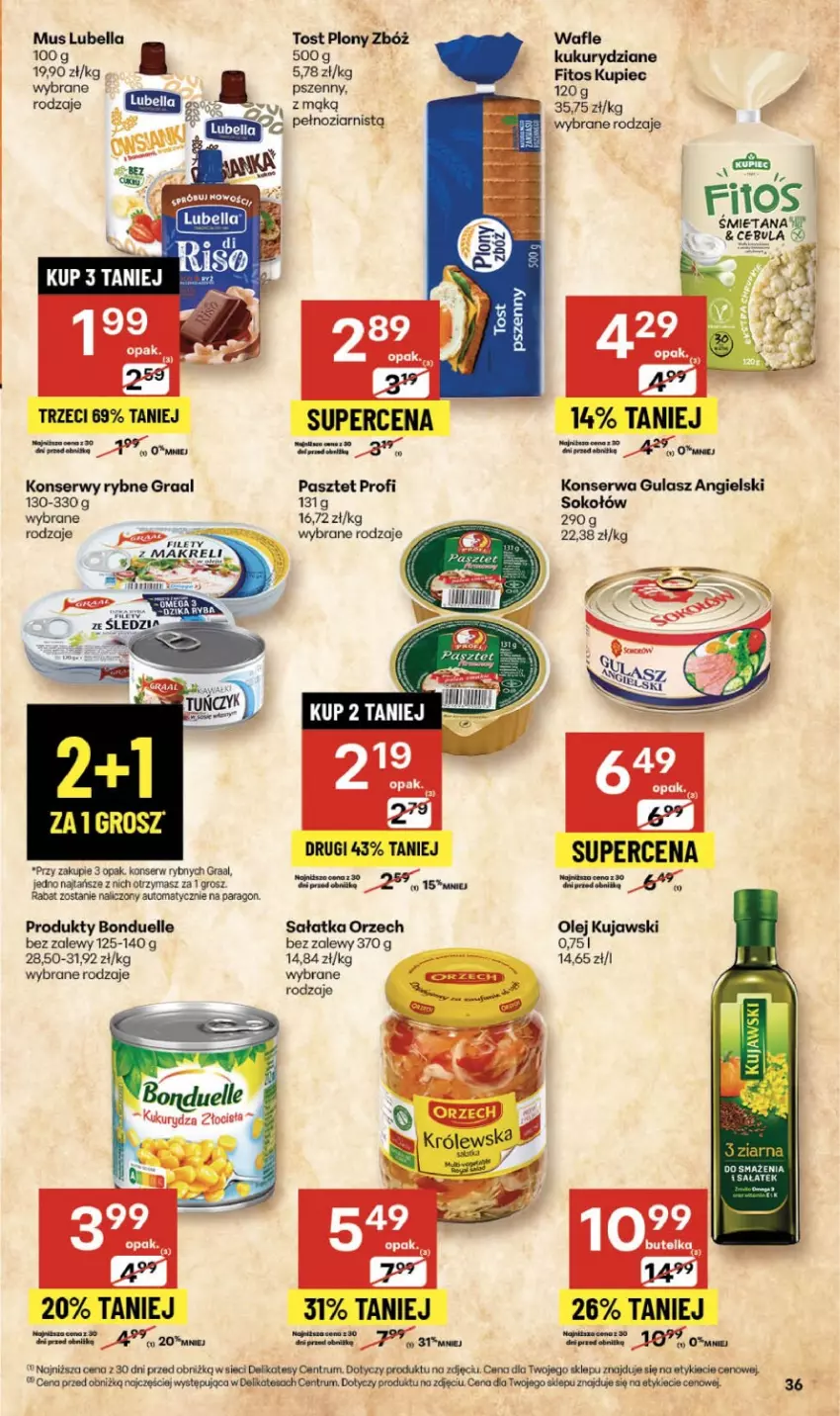 Gazetka promocyjna Delikatesy Centrum - Franczyza DC39 Czwartek - ważna 25.09 do 01.10.2025 - strona 36 - produkty: Bell, Bella, Bonduelle, Gra, Graal, Kujawski, Kupiec, Lubella, Mus, Olej, Pasztet, Piec, Rum, Sałat, Sałatka, Ser, Sok, Sokołów, Wafle