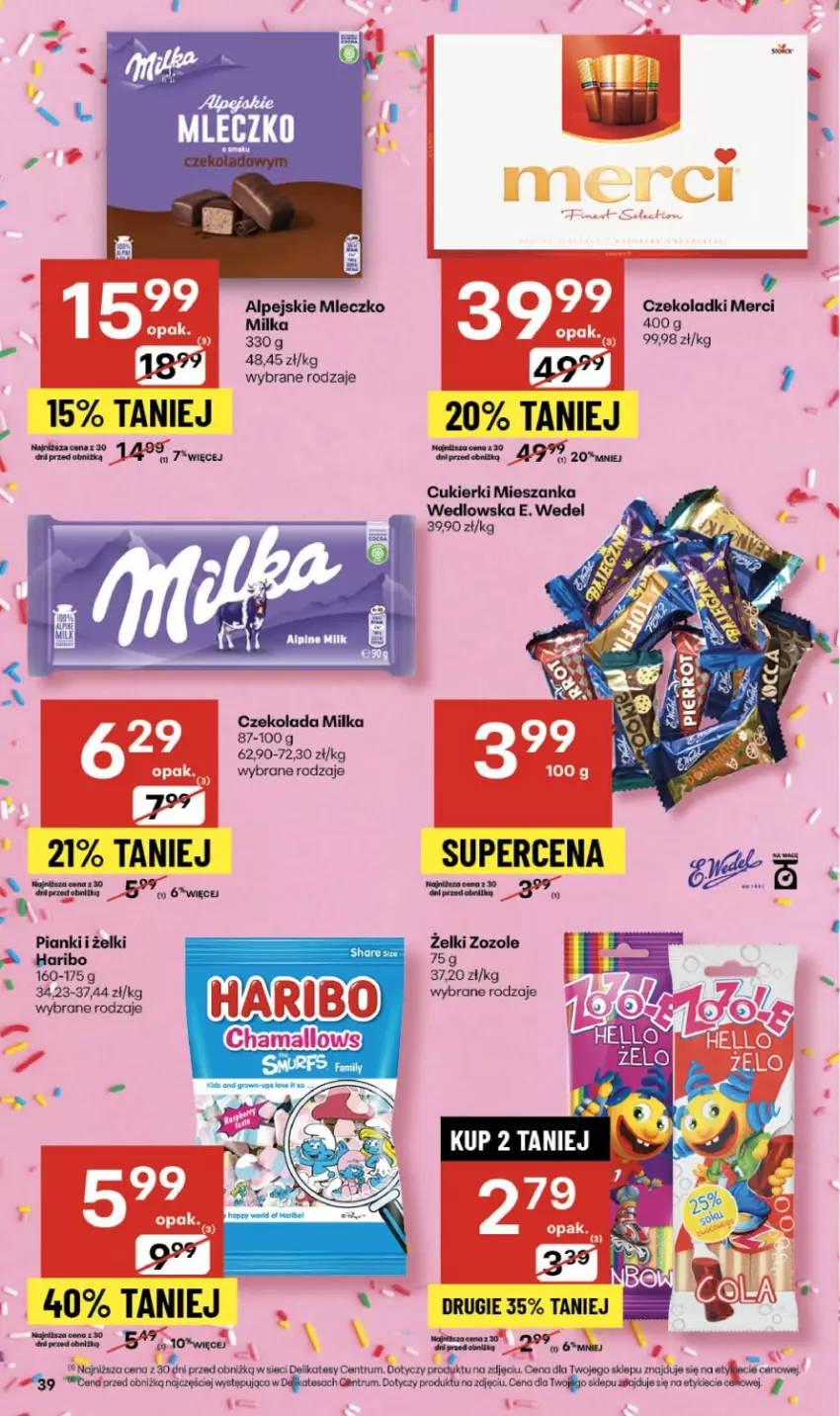 Gazetka promocyjna Delikatesy Centrum - Franczyza DC39 Czwartek - ważna 25.09 do 01.10.2025 - strona 39 - produkty: Cukier, Cukierki, Czekolada, E. Wedel, Haribo, Merci, Mieszanka wedlowska, Milka, Mleczko, Rum