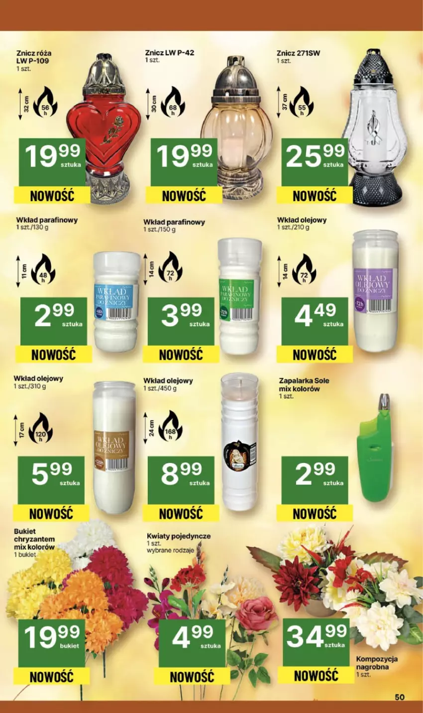 Gazetka promocyjna Delikatesy Centrum - Franczyza DC39 Czwartek - ważna 25.09 do 01.10.2025 - strona 50 - produkty: Bukiet, Olej, Róża, Wkład olejowy, Zapalarka, Znicz