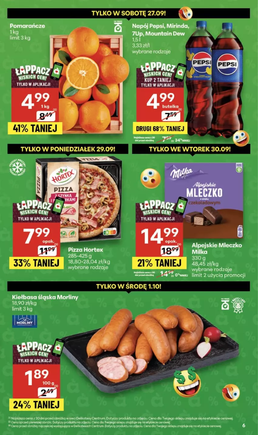 Gazetka promocyjna Delikatesy Centrum - Franczyza DC39 Czwartek - ważna 25.09 do 01.10.2025 - strona 6 - produkty: Hortex, Kiełbasa, Kiełbasa śląska, Mirinda, Mleczko, Morliny, Napój, Pepsi, Pizza, Rum