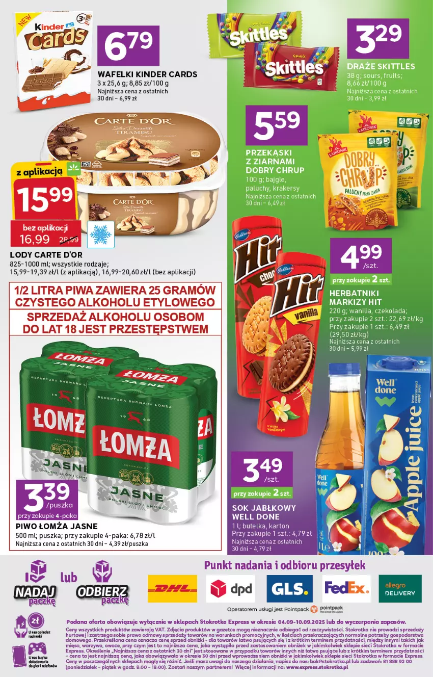 Gazetka promocyjna Stokrotka - Stokrotka Express - ważna 04.09 do 10.09.2025 - strona 6 - produkty: Bajgle, Carte d'Or, Czekolada, Herbatniki, Kinder, Krakersy, Lody, O nas, Owoce, Piwo, Sok, Sok jabłkowy, Wagi, Warzywa