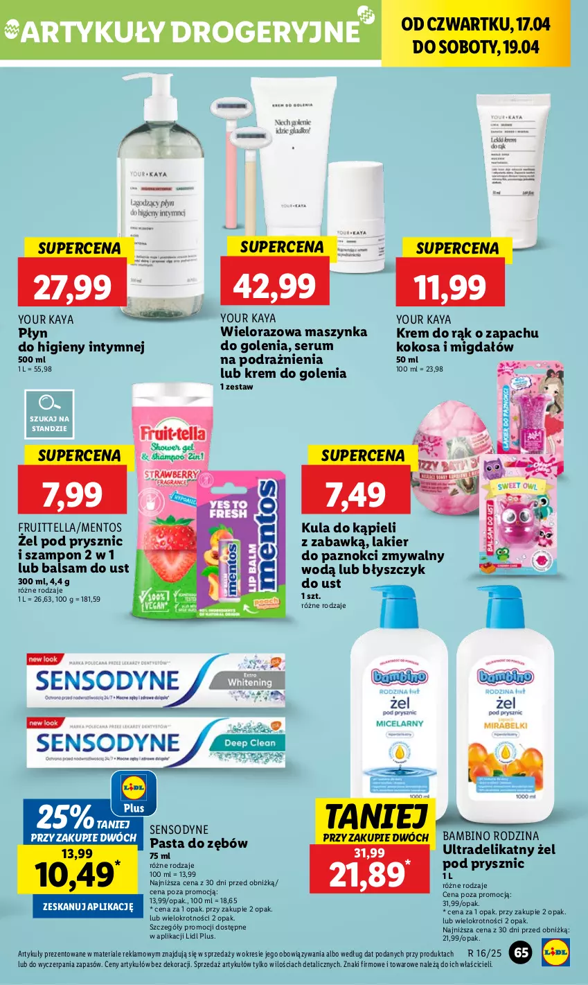 Gazetka promocyjna Lidl - GAZETKA - ważna 17.04 do 19.04.2025 - strona 67 - produkty: Balsam do ust, Błyszczyk do ust, Kokos, Krem do golenia, Krem do rąk, Kula do kąpieli, Lakier, Lakier do paznokci, Maszynka, Maszynka do golenia, Mentos, Pasta do zębów, Płyn do higieny intymnej, Rum, Sensodyne, Ser, Serum, Szampon, Szynka
