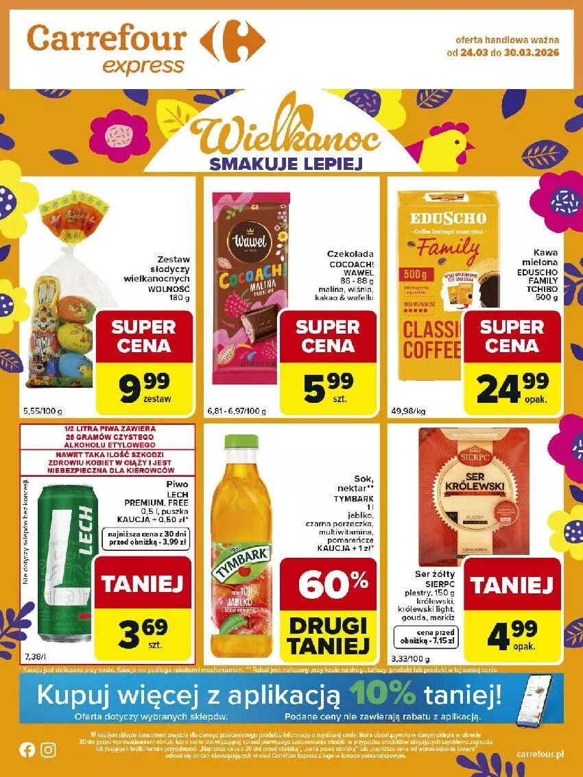 Gazetka promocyjna Carrefour - Gazetka Express - ważna 24.03 do 30.03.2026 - strona 1 - produkty: Czekolada, Fa, Gouda, Gra, Kakao, Kawa, Królewski, Nektar, Piec, Piwa, Por, Ser, Sok, Wawel