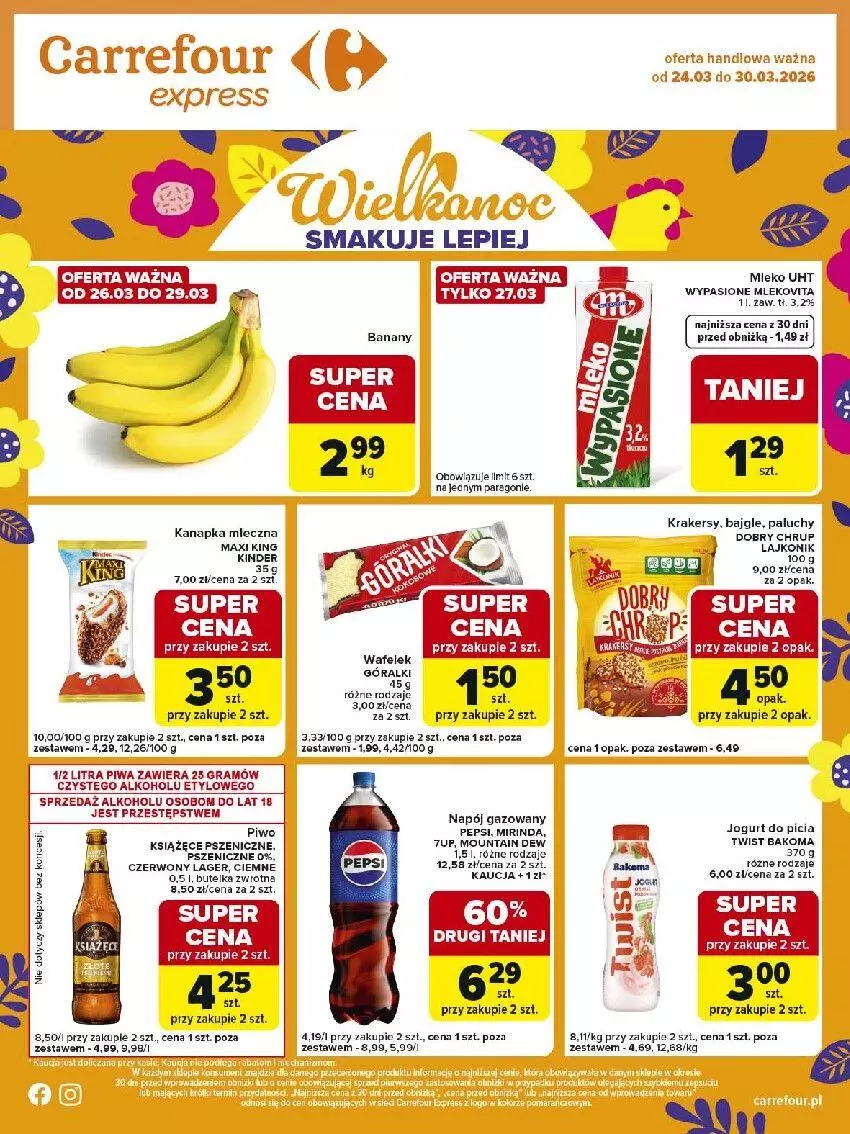 Gazetka promocyjna Carrefour - Gazetka Express - ważna 24.03 do 30.03.2026 - strona 2 - produkty: Bajgle, BIC, Fa, Góralki, Gra, Jogurt, Krakersy, Mirinda, Napój, Pepsi, Piwa, Wafelek