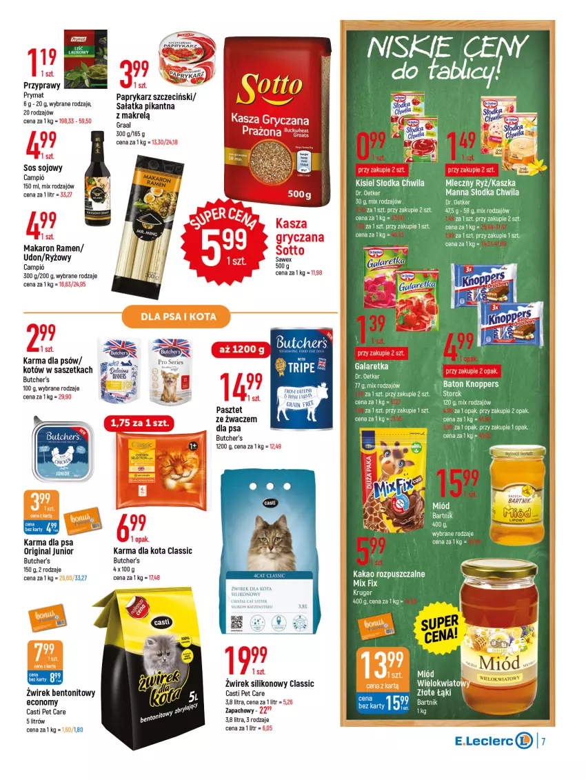 Gazetka promocyjna E Leclerc - ważna 30.08 do 12.09.2022 - strona 7 - produkty: Baton, Brit, Butcher's, Dr. Oetker, Gala, Galaretka, Gin, Gra, Graal, Kakao, Kisiel, Knoppers, Makaron, Makrelą, Papryka, Paprykarz, Paprykarz szczeciński, Pasztet, Prymat, Przyprawy, Ryż, Sałat, Sałatka, Ser, Słodka Chwila, Sos, Sos sojowy