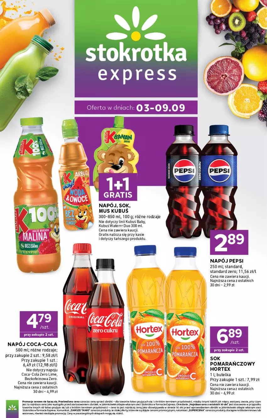 Gazetka promocyjna Stokrotka - Express - ważna 03.09 do 09.09.2026 - strona 1 - produkty: Coca-Cola, Gra, Hortex, Kubuś, Kubuś Waterrr, Mięso, Mus, Napój, Owoce, Pepsi, Sok