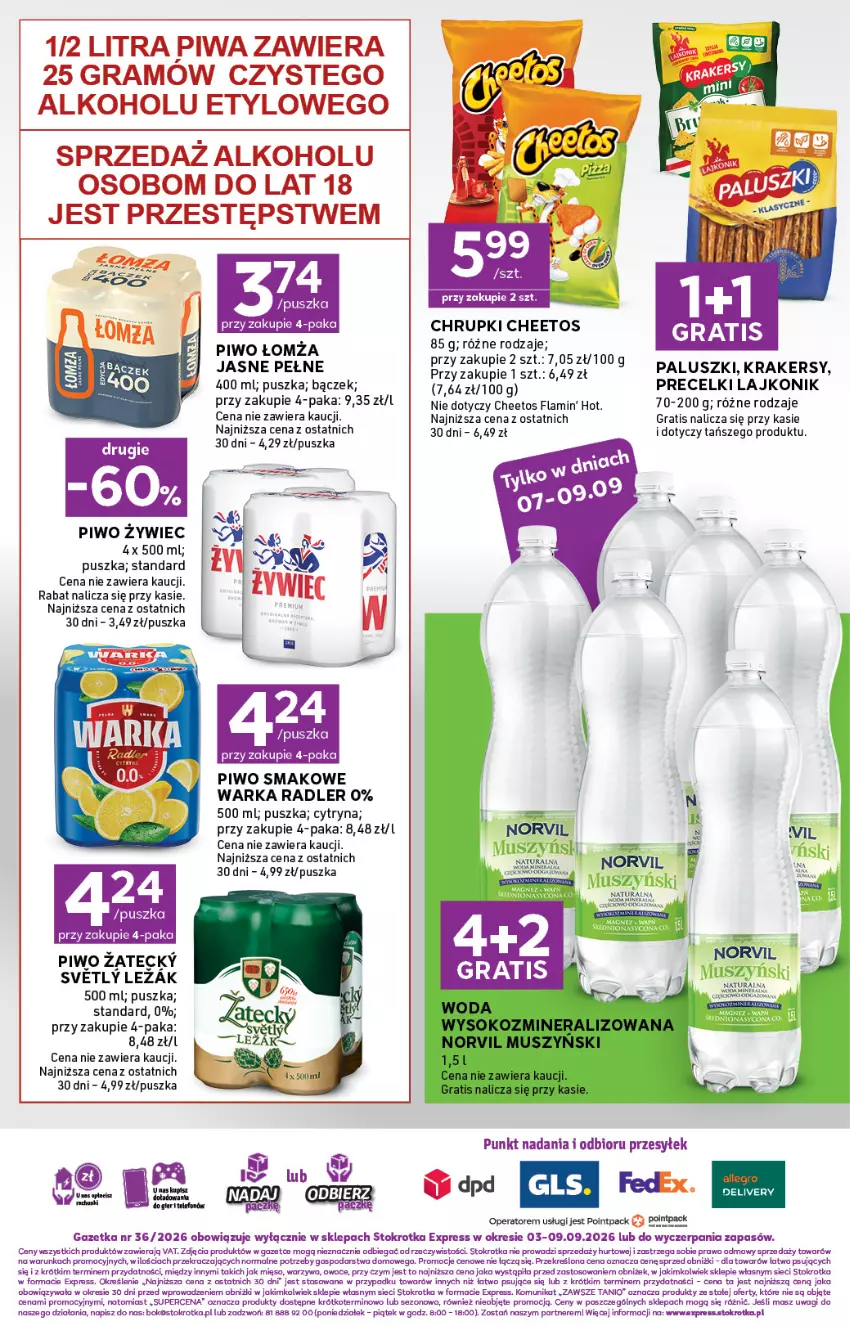 Gazetka promocyjna Stokrotka - Express - ważna 03.09 do 09.09.2026 - strona 6 - produkty: Cheetos, Chrupki, Gra, Kotek, Krakersy, Lajkonik, Magnez, Mięso, Mus, O nas, Owoce, Piwa, Piwo, Precelki, Radler, Top, Wagi, Warka, Warzywa