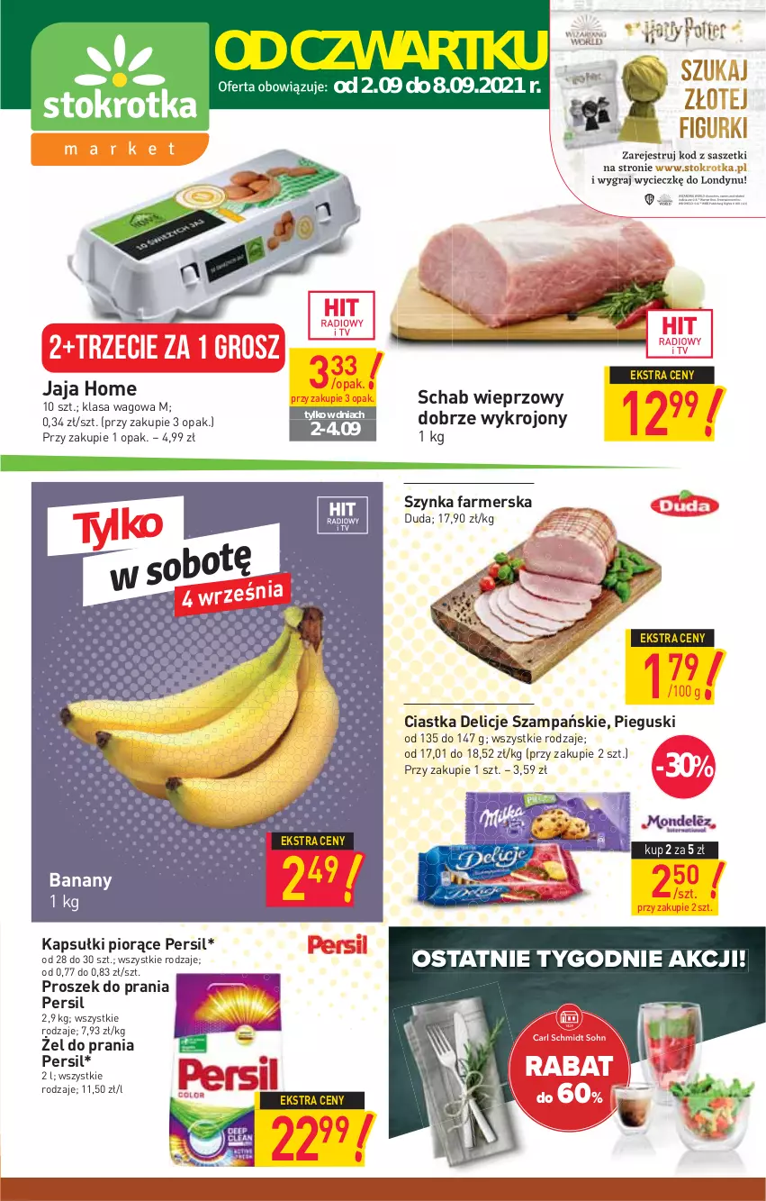 Gazetka promocyjna Stokrotka - Market - ważna 02.09 do 08.09.2021 - strona 1 - produkty: Banany, Ciastka, Delicje, Duda, Fa, Jaja, Persil, Proszek do prania, Schab wieprzowy, Szynka, Szynka farmerska