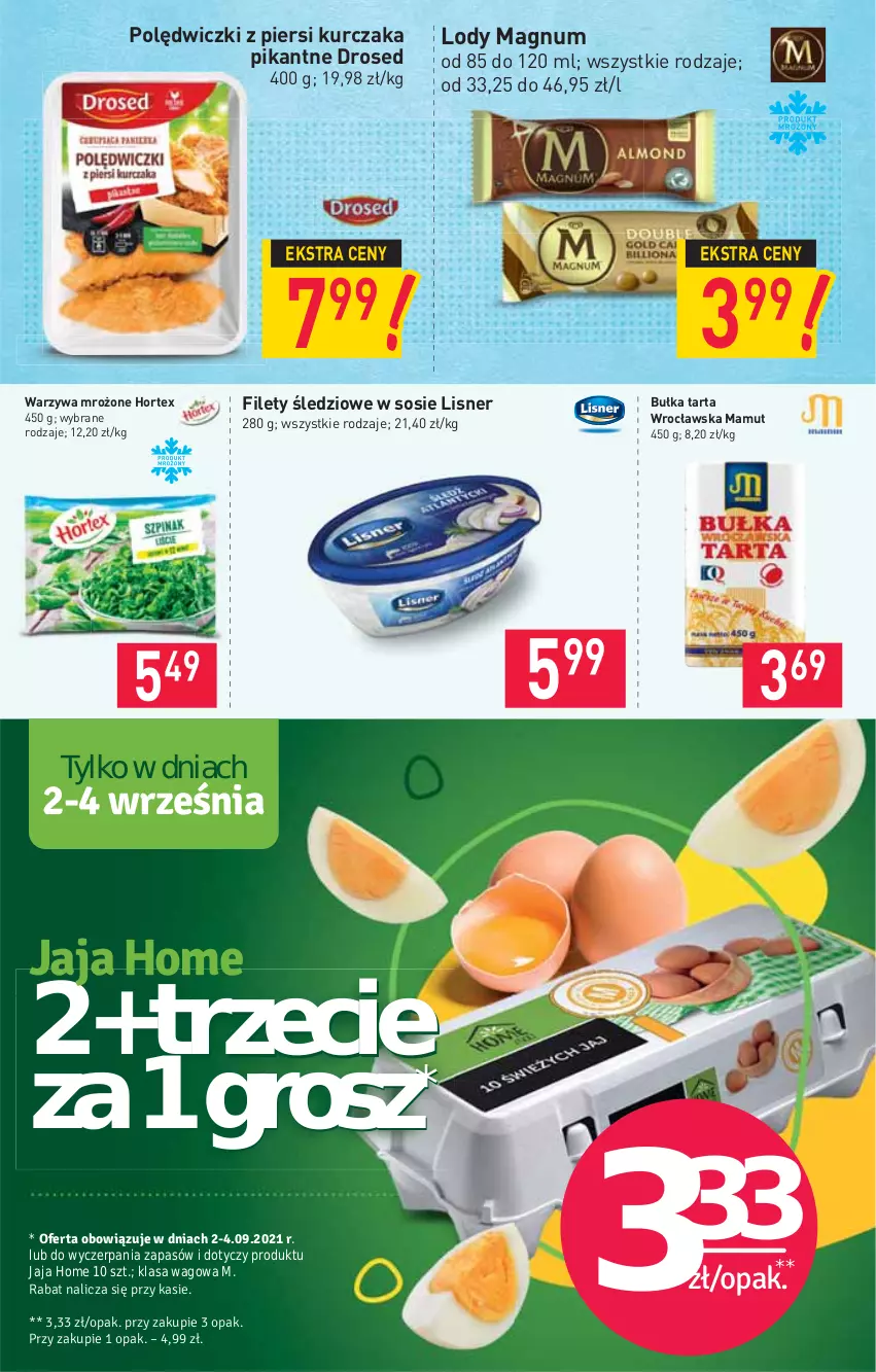 Gazetka promocyjna Stokrotka - Market - ważna 02.09 do 08.09.2021 - strona 4 - produkty: Bułka, Bułka tarta, Hortex, Jaja, Kurczak, Lisner, Lody, Sos, Tarta, Warzywa