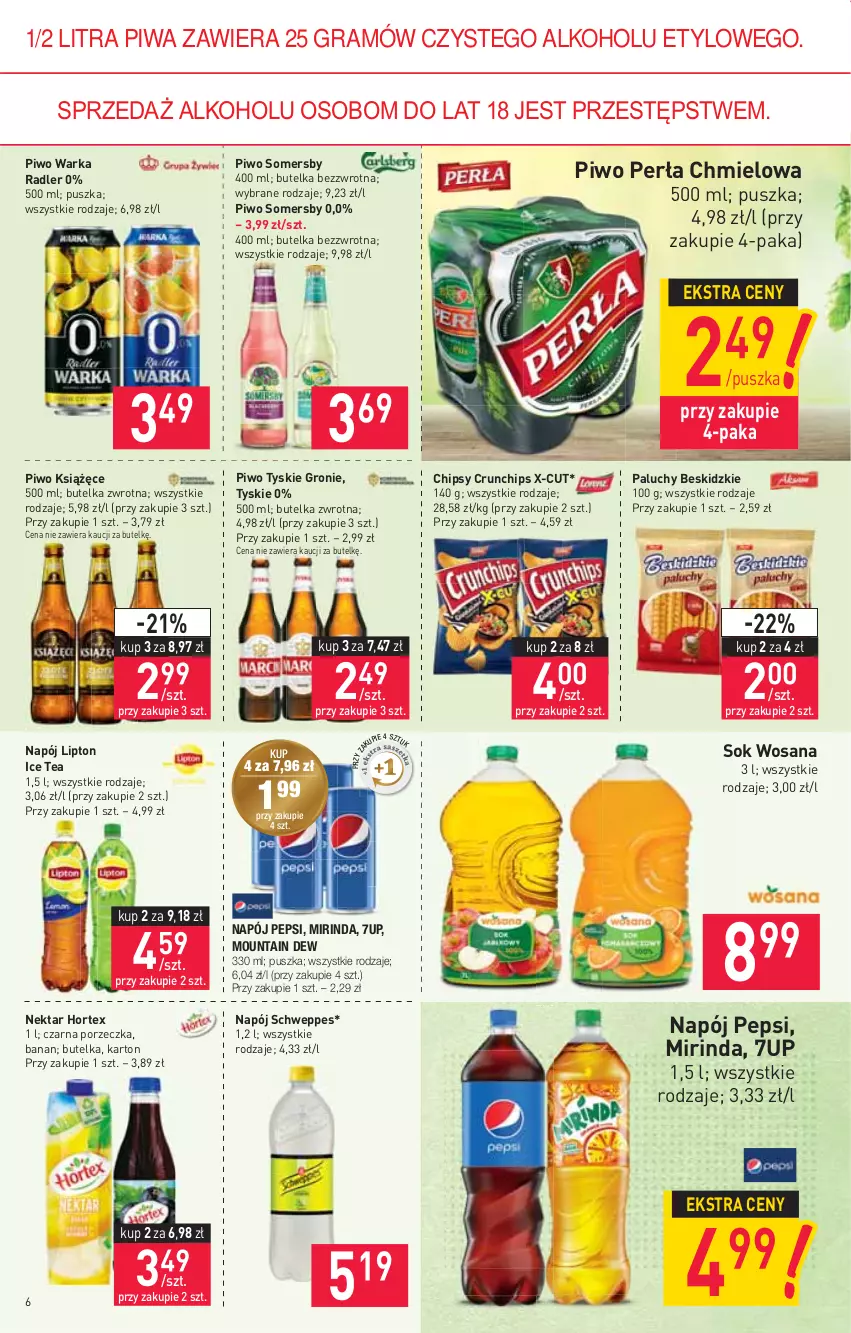 Gazetka promocyjna Stokrotka - Market - ważna 02.09 do 08.09.2021 - strona 6 - produkty: 7up, Beskidzki, Chipsy, Crunchips, Gra, Hortex, Ice tea, Książęce, Lipton, Mirinda, Napój, Nektar, Pepsi, Perła, Piwa, Piwo, Por, Radler, Schweppes, Sok, Somersby, Tyskie, Warka, Wosana