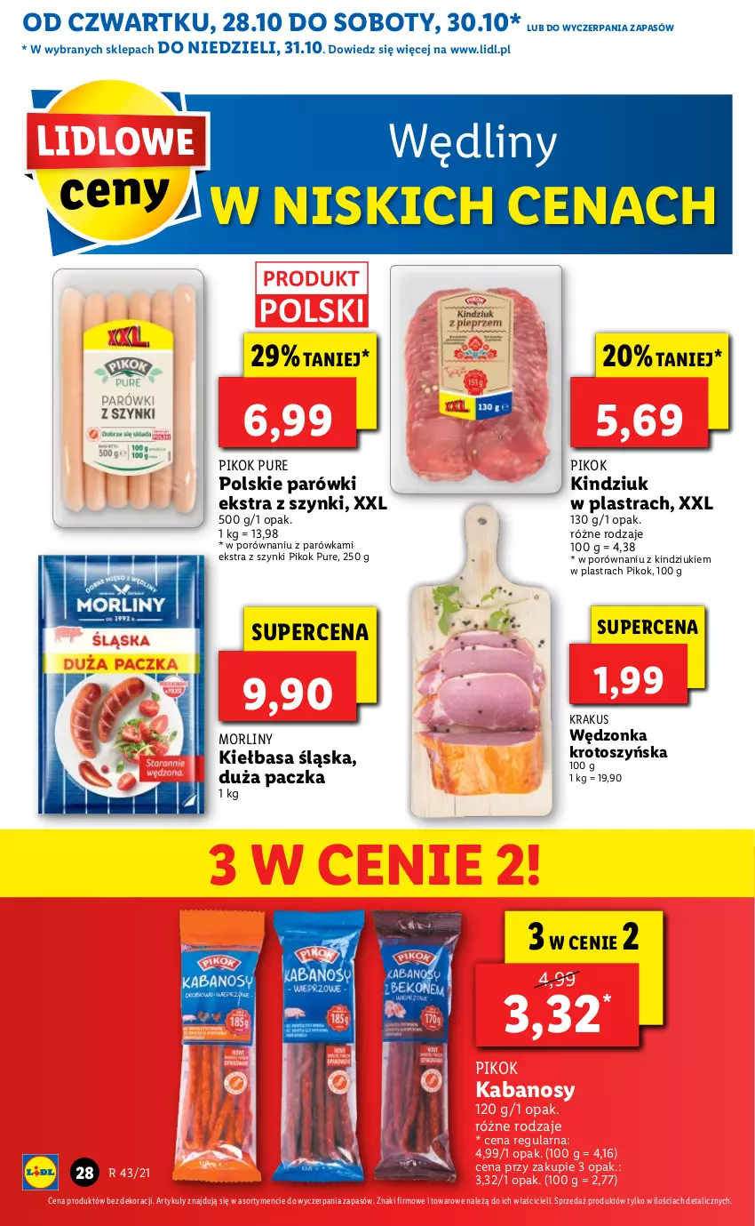 Gazetka promocyjna Lidl - GAZETKA - ważna 28.10 do 31.10.2021 - strona 28 - produkty: Kabanos, Kiełbasa, Kiełbasa śląska, Kindziuk, Krakus, Morliny, Parówki, PIKOK, Por, Pur