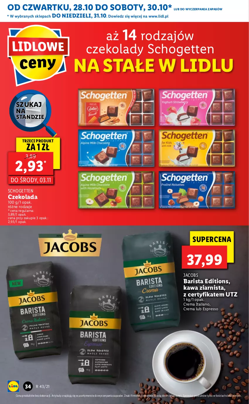 Gazetka promocyjna Lidl - GAZETKA - ważna 28.10 do 31.10.2021 - strona 34 - produkty: Czekolada, Jacobs, Kawa, Schogetten