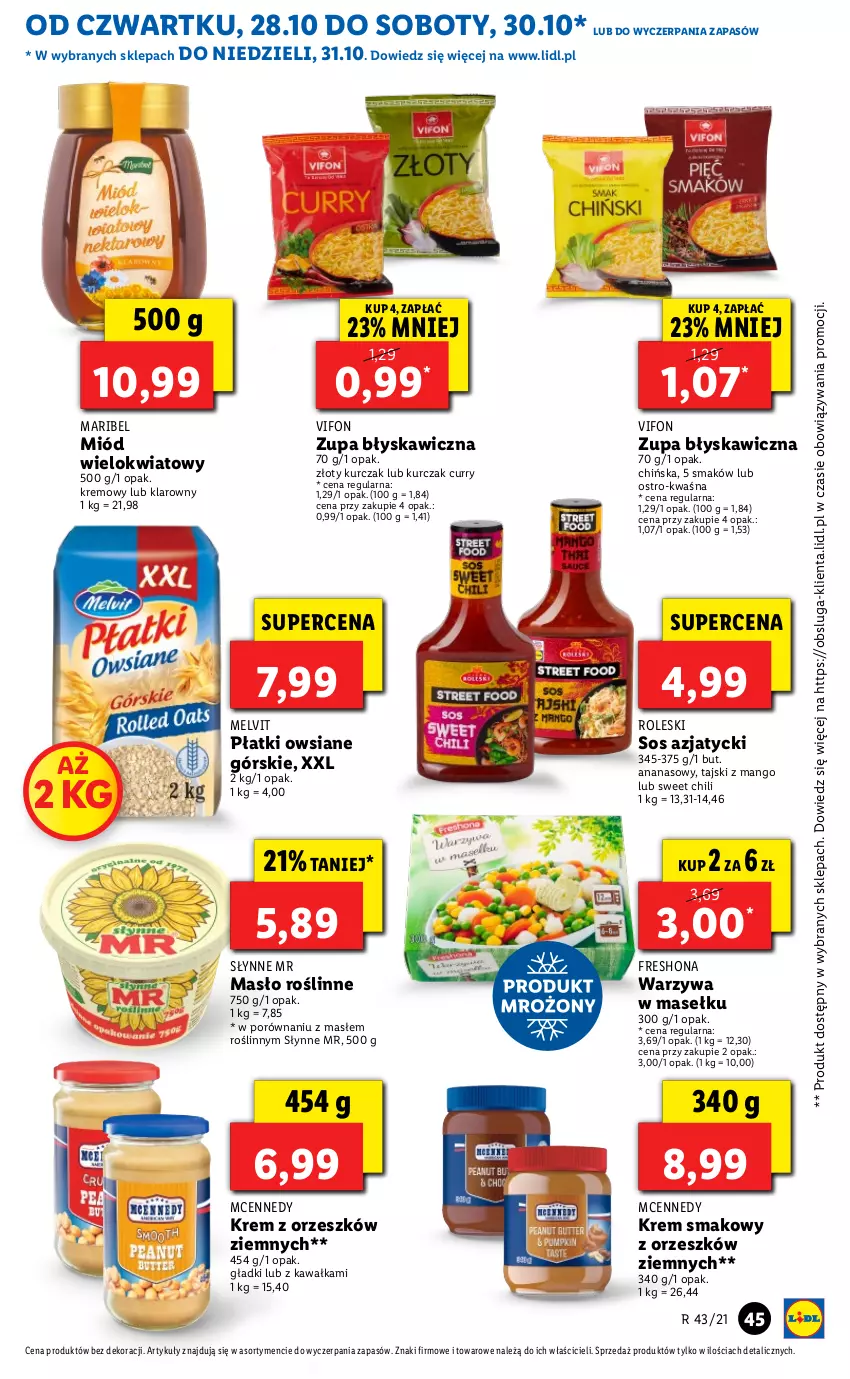 Gazetka promocyjna Lidl - GAZETKA - ważna 28.10 do 31.10.2021 - strona 45 - produkty: Ananas, Kawa, Kurczak, Mango, Masło, Melvit, Miód, Płatki owsiane, Por, Słynne, Sos, Warzywa, Zupa