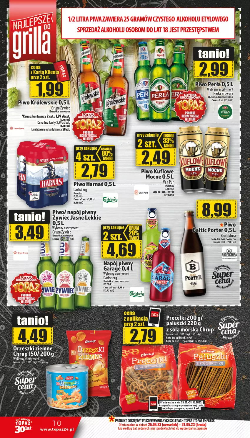 Gazetka promocyjna Topaz - Gazetka - ważna 25.05 do 31.05.2023 - strona 10 - produkty: Carlsberg, Fa, Harnaś, Napój, Orzeszki, Orzeszki ziemne, Perła, Piwo, Por, Pur, Top