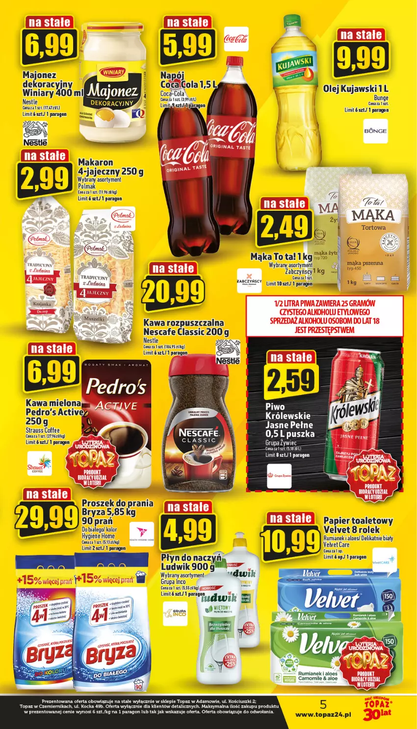 Gazetka promocyjna Topaz - Gazetka - ważna 25.05 do 31.05.2023 - strona 5 - produkty: Bryza, Coca-Cola, Gra, Kawa, Kawa mielona, Kujawski, LG, Ludwik, Majonez, Mąka, Makaron, Mus, Olej, Olma, Papier, Papier toaletowy, Piwo, Proszek do prania, Rum, Top, Velvet, Winiary