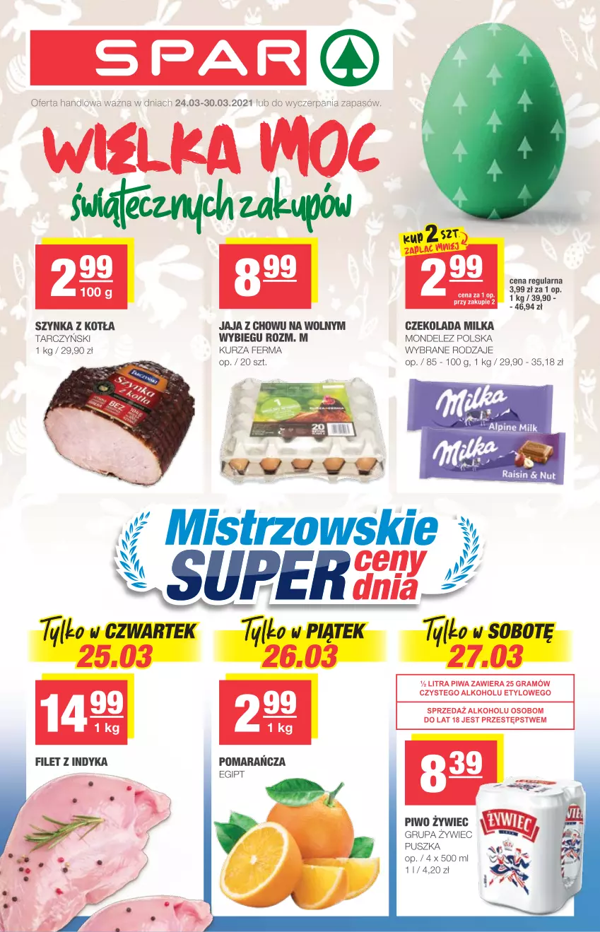 Gazetka promocyjna Spar - Spar - ważna 24.03 do 30.03.2021 - strona 1 - produkty: Czekolada, Jaja, Milka, Piwo, Szynka, Tarczyński