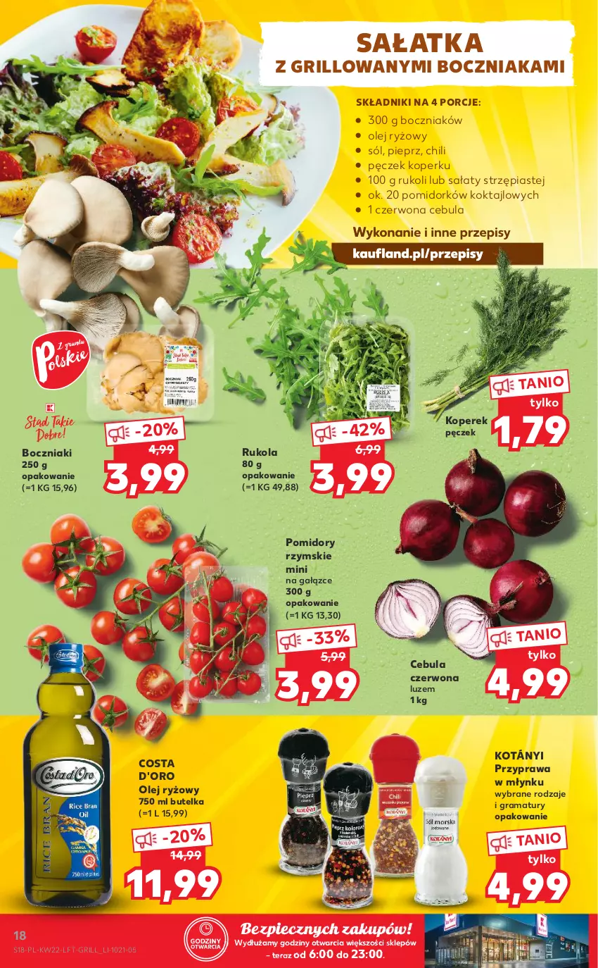 Gazetka promocyjna Kaufland - OFERTA TYGODNIA - ważna 02.06 do 09.06.2021 - strona 18 - produkty: Boczniak, Cebula, Cebula czerwona, Costa d'Oro, Gra, Grill, Kotányi, Olej, Olej ryżowy, Piast, Piec, Pieprz, Pomidory, Por, Rama, Rukola, Ryż, Sałat, Sałatka, Sól, Tera