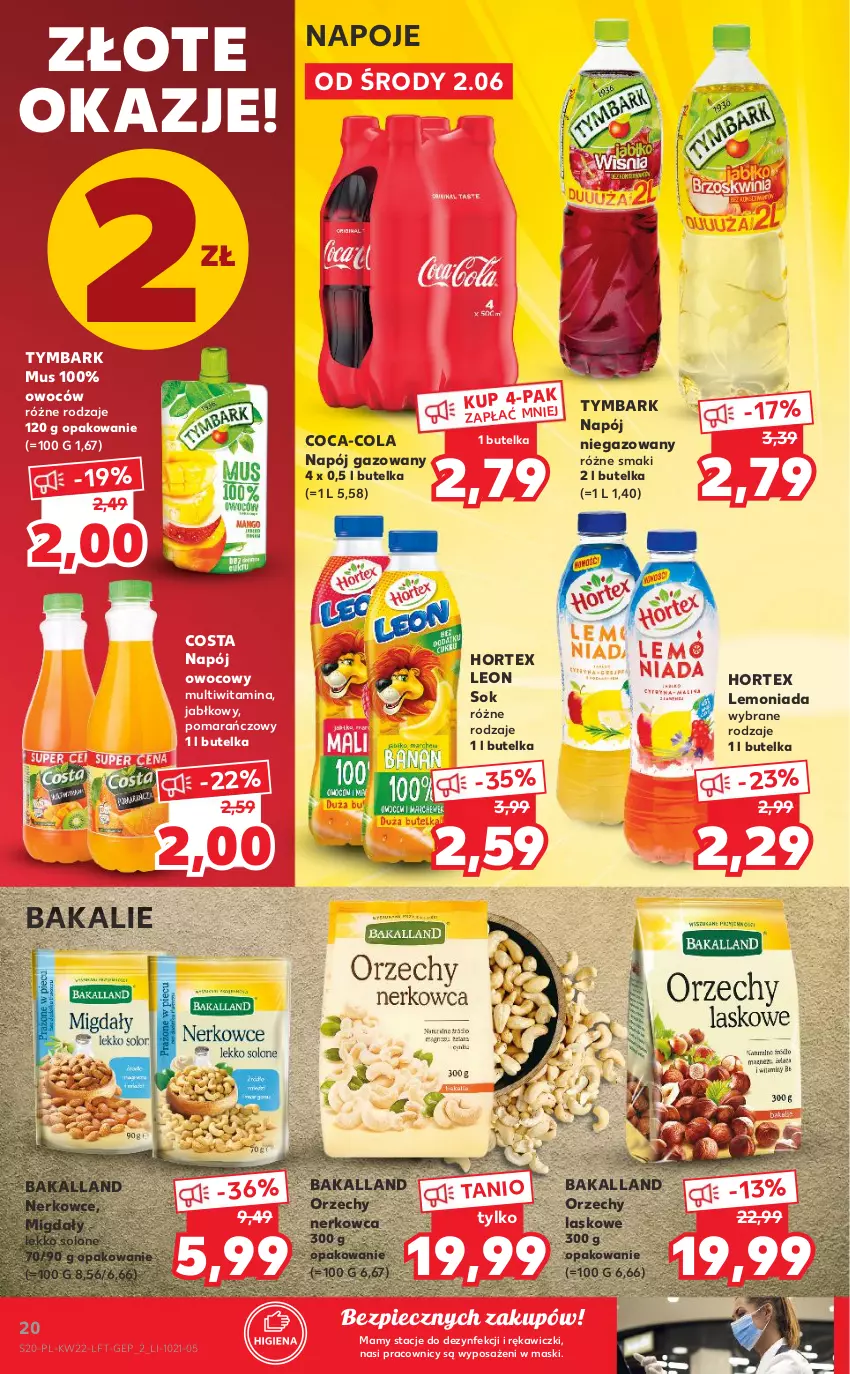 Gazetka promocyjna Kaufland - OFERTA TYGODNIA - ważna 02.06 do 09.06.2021 - strona 20 - produkty: Bakalland, Coca-Cola, Hortex, Lemoniada, Leon, Migdały, Mus, Napój, Napój gazowany, Napój niegazowany, Napoje, Piec, Sok, Tymbark