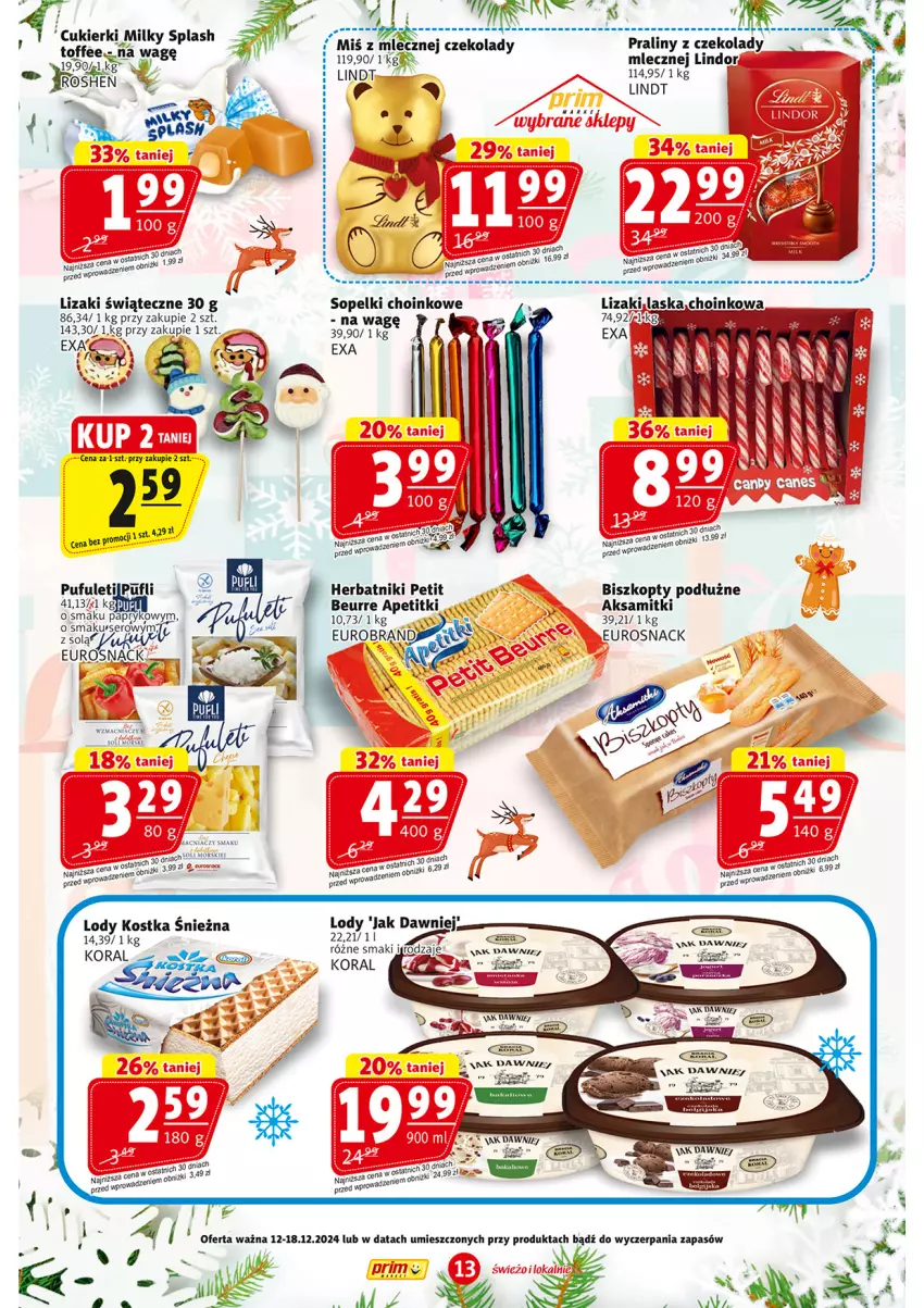 Gazetka promocyjna Prim Market - ważna 12.12 do 18.12.2024 - strona 13 - produkty: Aksam, Biszkopty, Herbatniki, Lindor, Lindt, Lizaki, Lody, Miecz, Praliny, Puf, Ser