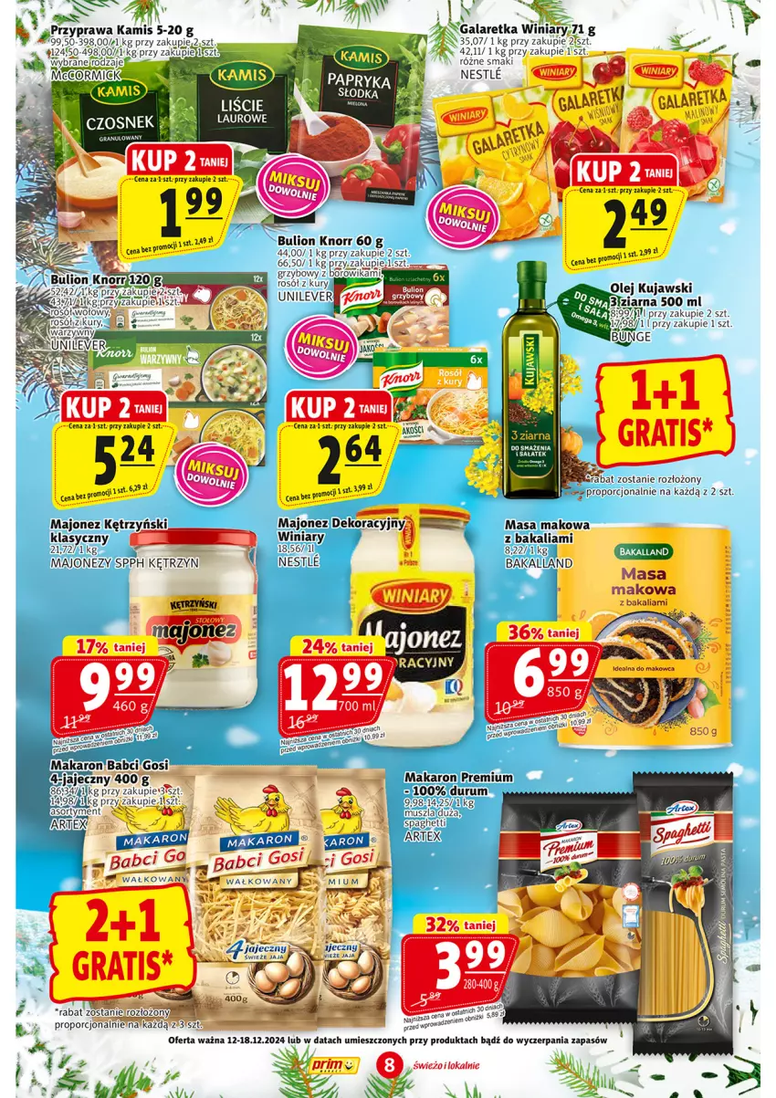 Gazetka promocyjna Prim Market - ważna 12.12 do 18.12.2024 - strona 8 - produkty: Bakalland, Bulion, Gala, Galaretka, Gra, Kamis, Knorr, Kujawski, Lion, Majonez, Makaron, Mus, Olej, Por, Rum, Sałat, Sól, Spaghetti, Winiary