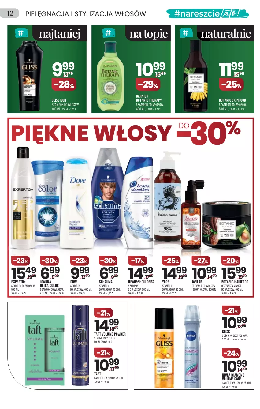 Gazetka promocyjna Drogerie Natura - Gazetka Drogerie Natura - ważna 01.07 do 14.07.2021 - strona 12 - produkty: Dove, Garnier, Gliss Kur, Joanna, Lakier, Lakier do włosów, Maska, Maska do włosów, Nivea, Odżywka, Puder, Schauma, SKINFOOD, Szampon, Taft, Top, Yope