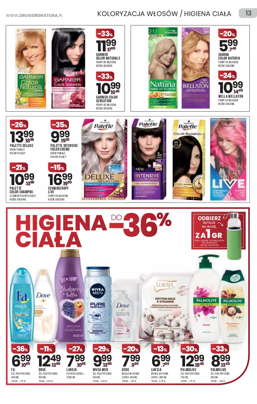 Gazetka promocyjna Drogerie Natura - Gazetka Drogerie Natura - ważna 01.07 do 14.07.2021 - strona 13 - produkty: Color Creme, Dove, Fa, Garnier, Joanna, Luksja, Mydło, Mydło w płynie, Nivea, Nivea Men, Palette, Palmolive, Płyn do kąpieli, Sati, Schwarzkopf, Szampon, Wella