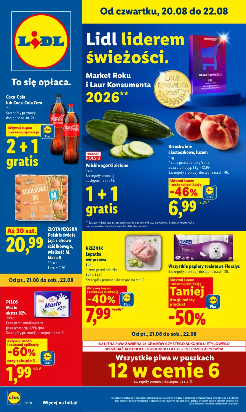 Gazetka promocyjna Lidl - Gazetka ważna od 20.08 do 22.08 - ważna 20.08 do 22.08.2026 - strona 1 - produkty: Brzoskwinie, Coca-Cola, Flora, Gra, Jaja, Laur, Masło, Papier, Pilos, Piwa