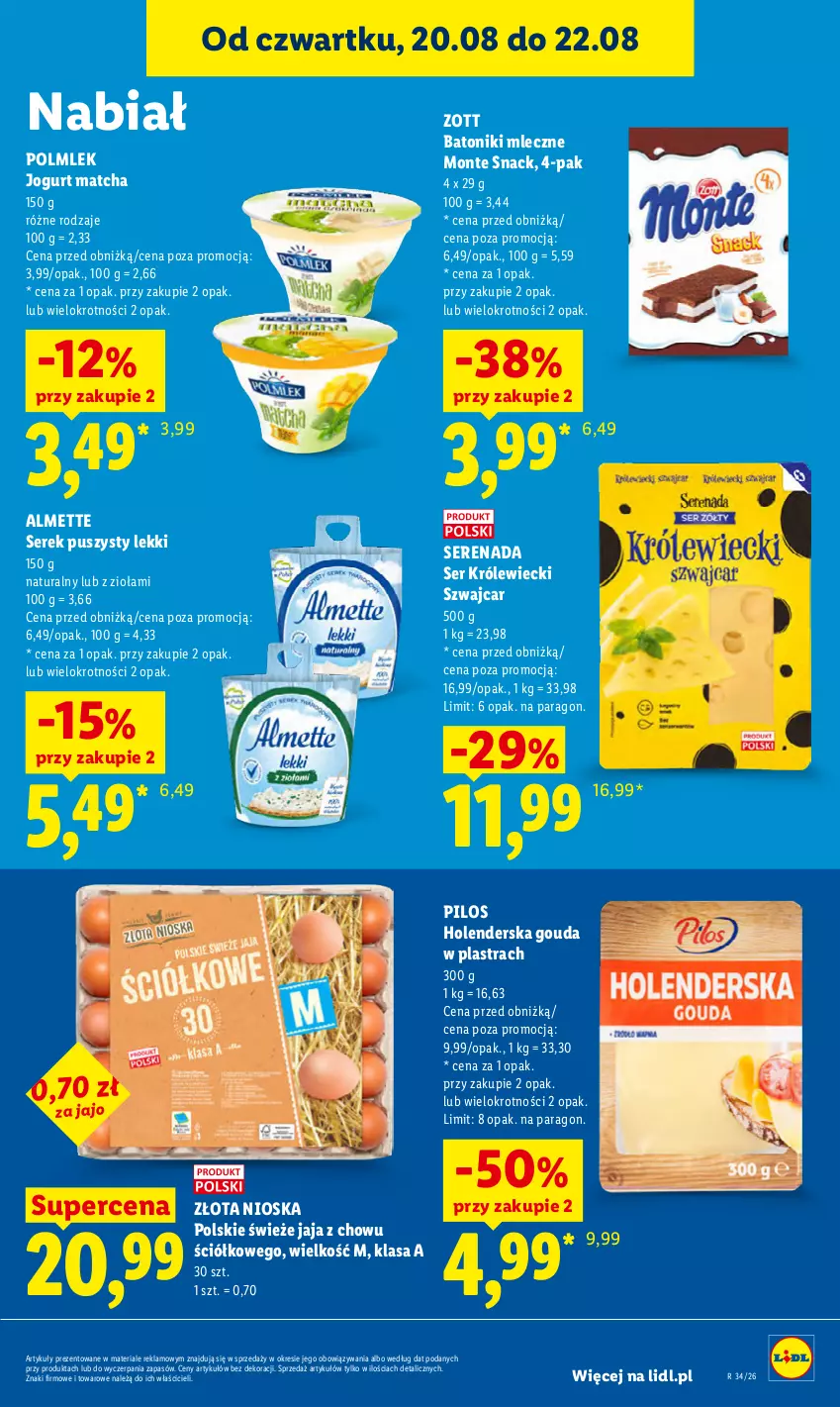 Gazetka promocyjna Lidl - Gazetka ważna od 20.08 do 22.08 - ważna 20.08 do 22.08.2026 - strona 73 - produkty: Almette, Baton, Gouda, Jaja, Jogurt, Laur, Monte, Pilos, POLMLEK, Ser, Ser Królewiecki, Serek, Serek puszysty, Tonik, Zott