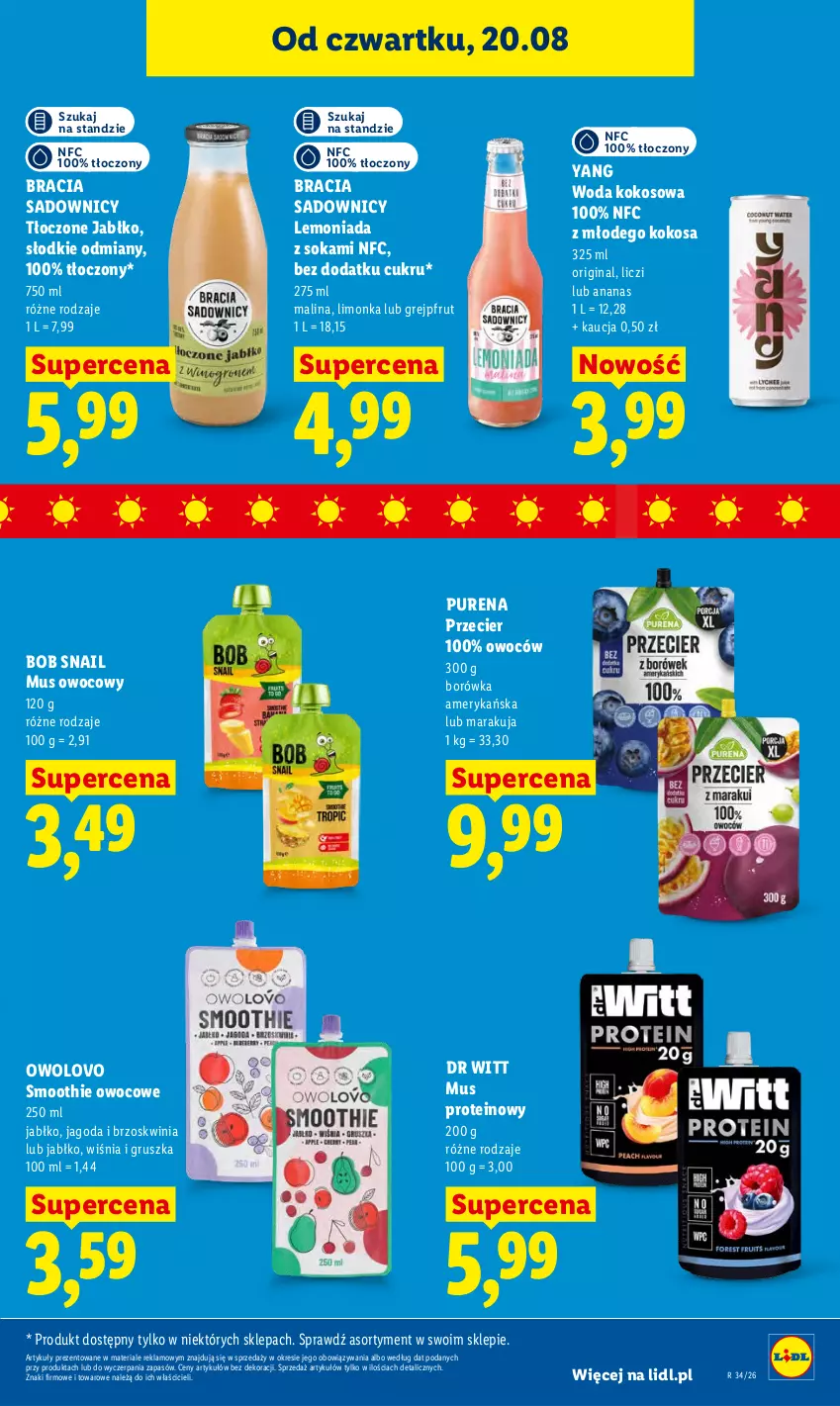 Gazetka promocyjna Lidl - Gazetka ważna od 20.08 do 22.08 - ważna 20.08 do 22.08.2026 - strona 77 - produkty: Ananas, Borówka, Borówka amerykańska, Gin, Grejpfrut, Kokos, Lemoniada, Liczi, Limonka, Mus, Pur, Smoothie, Sok, Woda