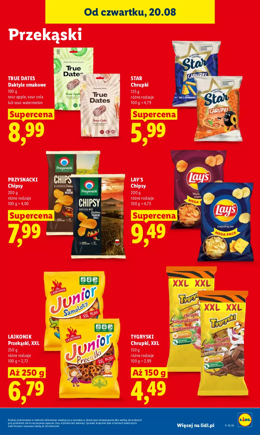 Gazetka promocyjna Lidl - Gazetka ważna od 20.08 do 22.08 - ważna 20.08 do 22.08.2026 - strona 79 - produkty: Chipsy, Chrupki, Daktyle, Gry, Lajkonik, Lay’s, Melon, Przysnacki