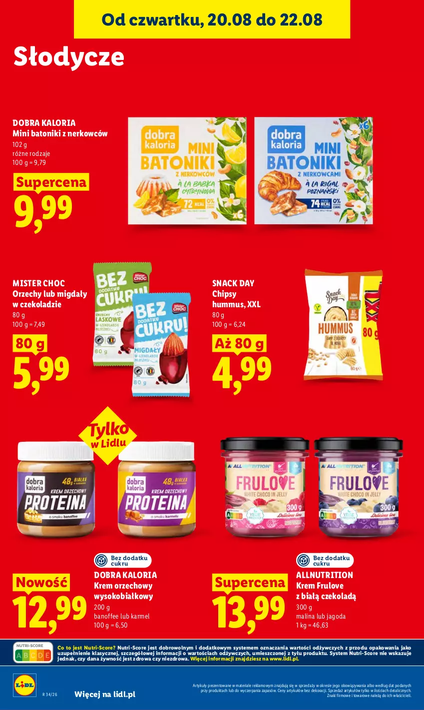 Gazetka promocyjna Lidl - Gazetka ważna od 20.08 do 22.08 - ważna 20.08 do 22.08.2026 - strona 84 - produkty: Baton, Chipsy, Hummus, Krem orzechowy, Migdały, Migdały w czekoladzie, Mus, Sok, Tonik