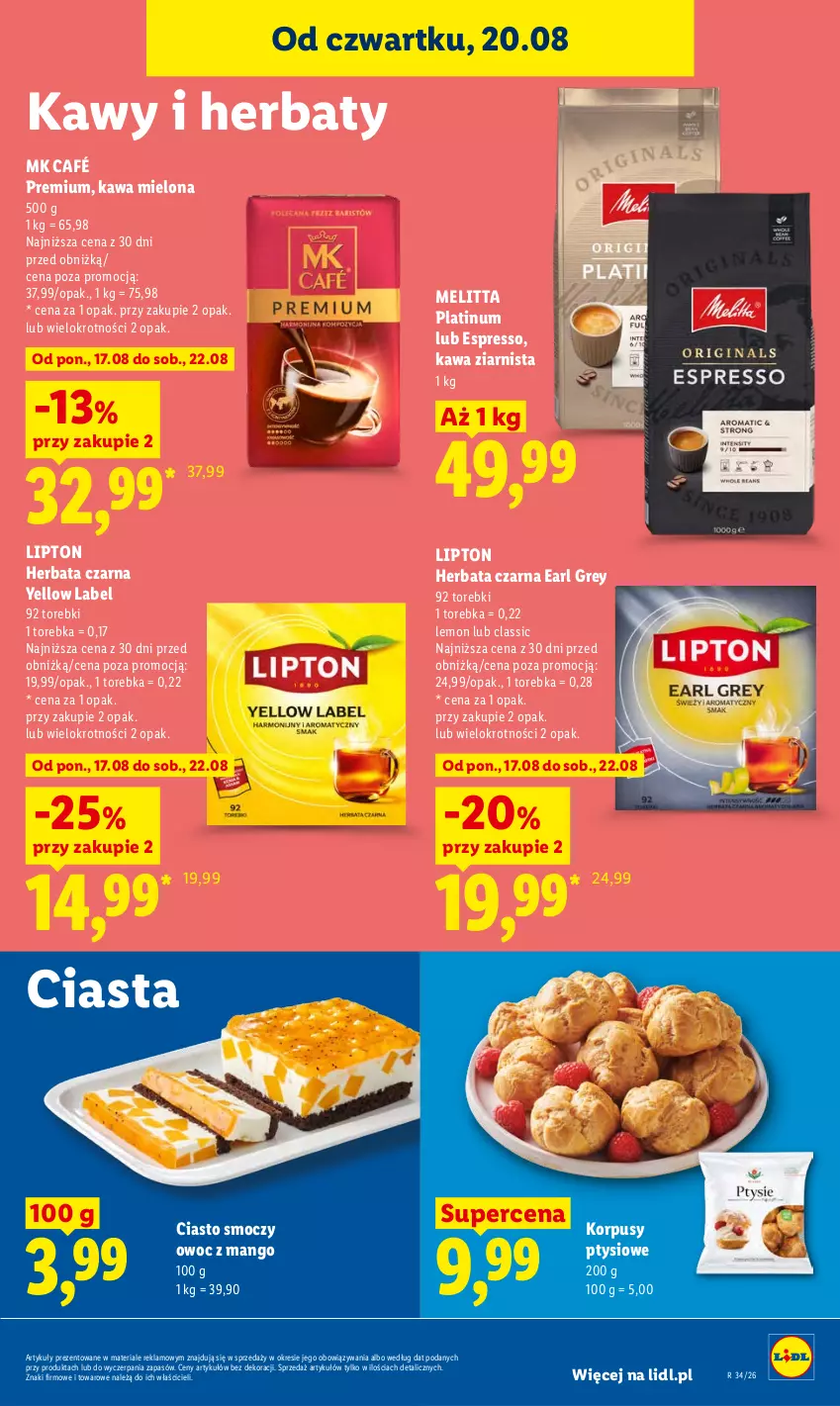 Gazetka promocyjna Lidl - Gazetka ważna od 20.08 do 22.08 - ważna 20.08 do 22.08.2026 - strona 87 - produkty: Earl Grey, Herbata, Herbata czarna, Kawa, Kawa mielona, Kawa ziarnista, Korpusy, Lipton, Mango, Torebka