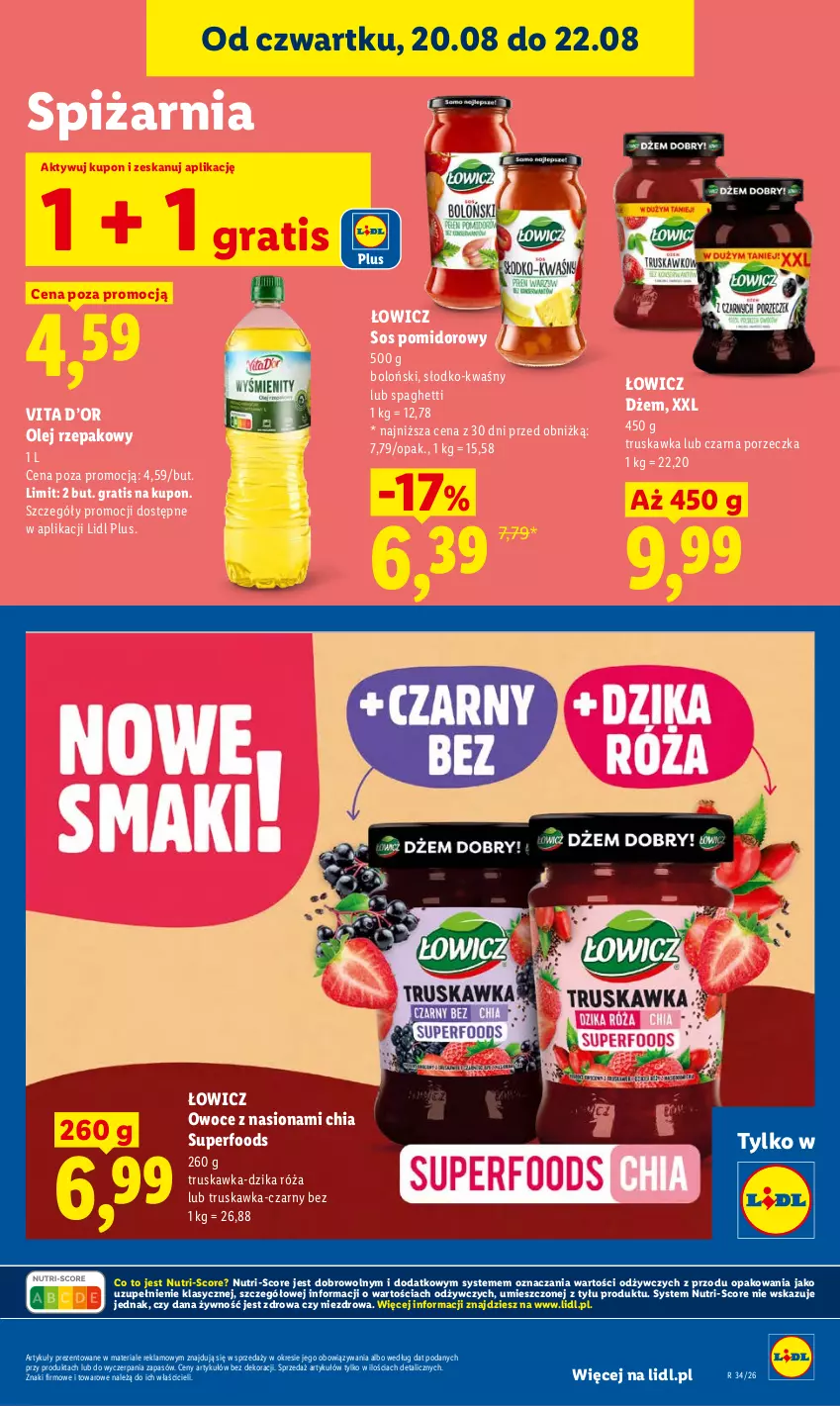 Gazetka promocyjna Lidl - Gazetka ważna od 20.08 do 22.08 - ważna 20.08 do 22.08.2026 - strona 89 - produkty: Chia, Dżem, Dzika róża, Gra, Olej, Olej rzepakowy, Owoce, Por, Róża, Sos, Sos pomidorowy, Spaghetti