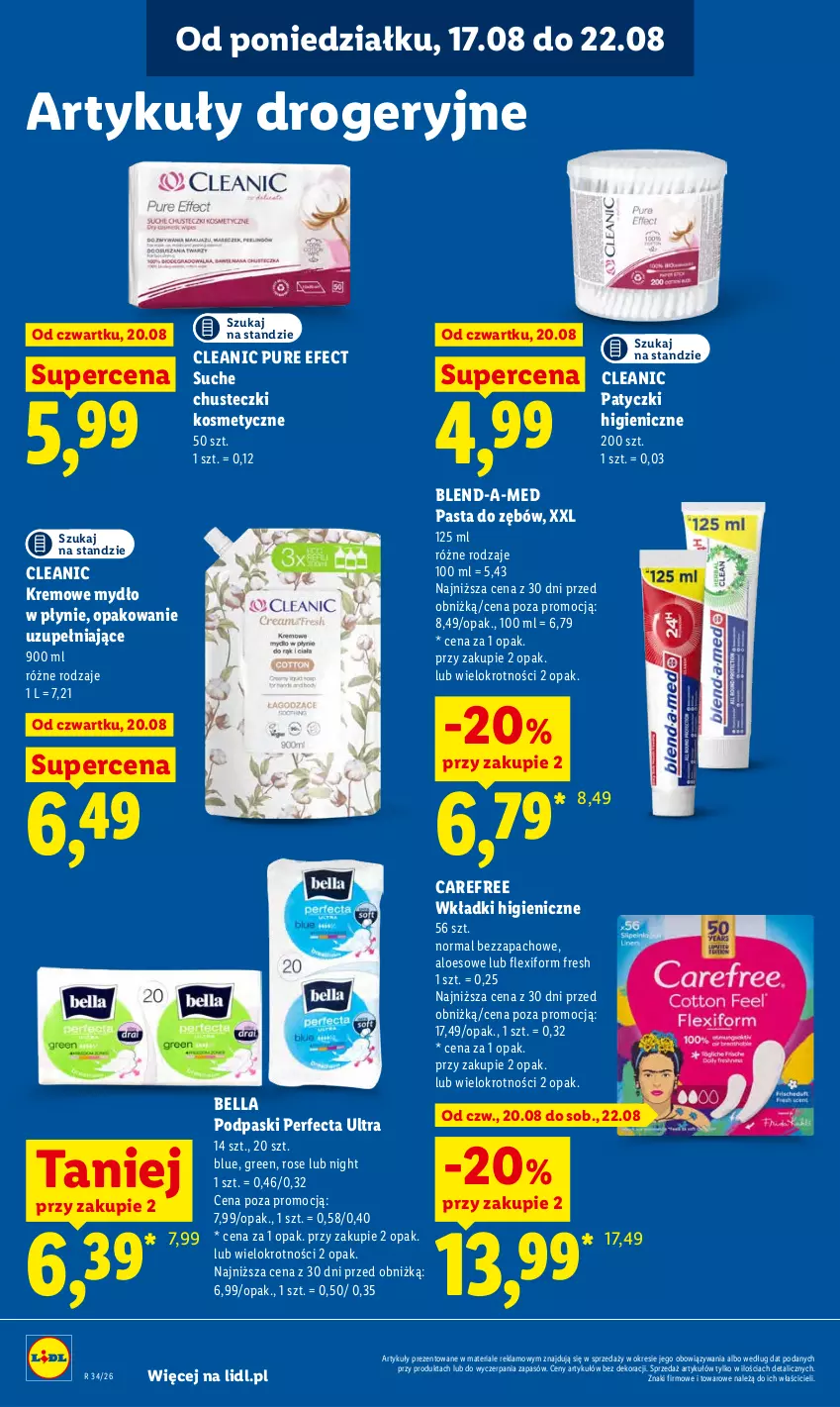 Gazetka promocyjna Lidl - Gazetka ważna od 20.08 do 22.08 - ważna 20.08 do 22.08.2026 - strona 92 - produkty: Bell, Bella, Blend-a-Med, Carefree, Chusteczki, Chusteczki kosmetyczne, Cleanic, Mydło, Mydło w płynie, Pasta do zębów, Perfecta, Podpaski, Pur, Wkładki