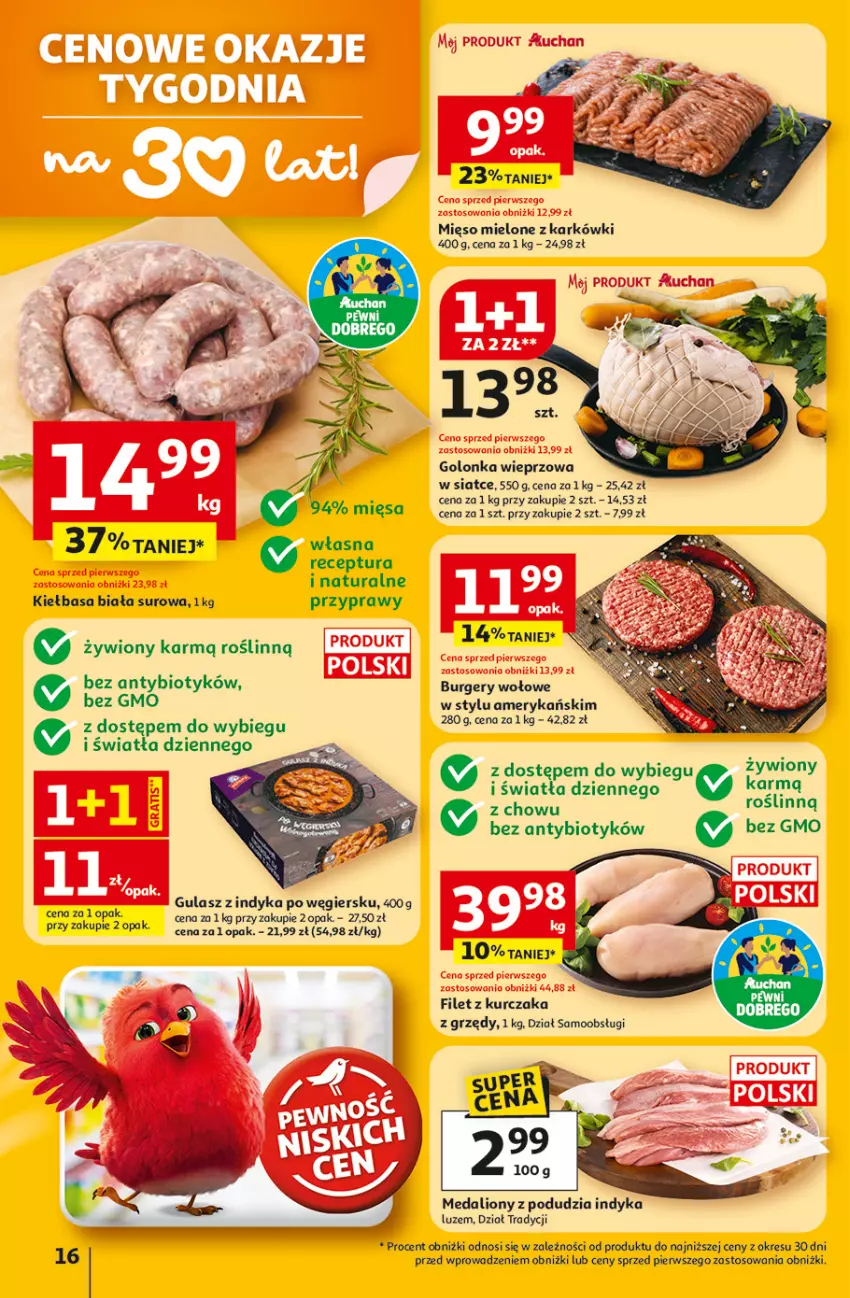 Gazetka promocyjna Auchan - 30 Lat Hipermarket - ważna 12.02 do 18.02.2026 - strona 16 - produkty: Burger, Golonka wieprzowa, Kiełbasa, Kiełbasa biała, Kurczak, Lion, Mięso, Mięso mielone, Przyprawy