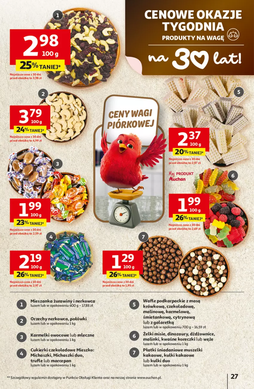 Gazetka promocyjna Auchan - 30 Lat Hipermarket - ważna 12.02 do 18.02.2026 - strona 27 - produkty: Cukier, Cukierki, Cukierki czekoladowe, Danio, Dinozaur, Gala, Kakao, Karp, Mus, Wafle, Wagi