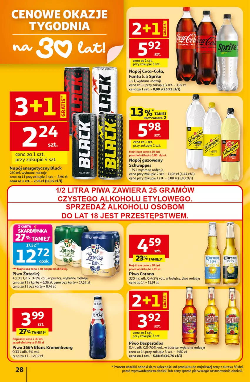 Gazetka promocyjna Auchan - 30 Lat Hipermarket - ważna 12.02 do 18.02.2026 - strona 28 - produkty: Coca-Cola, Desperados, Fa, Fanta, Lack, LG, Napój, Napój energetyczny, Napój gazowany, Piwo, Schweppes, Sprite