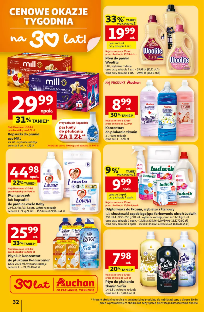 Gazetka promocyjna Auchan - 30 Lat Hipermarket - ważna 12.02 do 18.02.2026 - strona 32 - produkty: Chusteczki, Fa, Kapsułki do prania, Lenor, Lovela, Ludwik, Odplamiacz, Płyn do płukania, Płyn do prania, Woolite