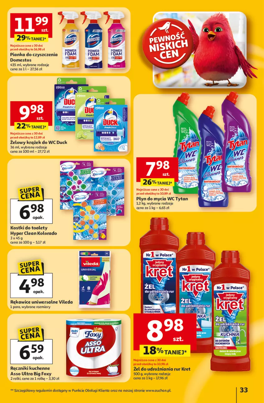 Gazetka promocyjna Auchan - 30 Lat Hipermarket - ważna 12.02 do 18.02.2026 - strona 33 - produkty: Domestos, Duck, Foxy, Kolorado, Kret, Pianka do czyszczenia, Płyn do mycia, Ręcznik, Rękawice, Rolki, Tytan, Vileda