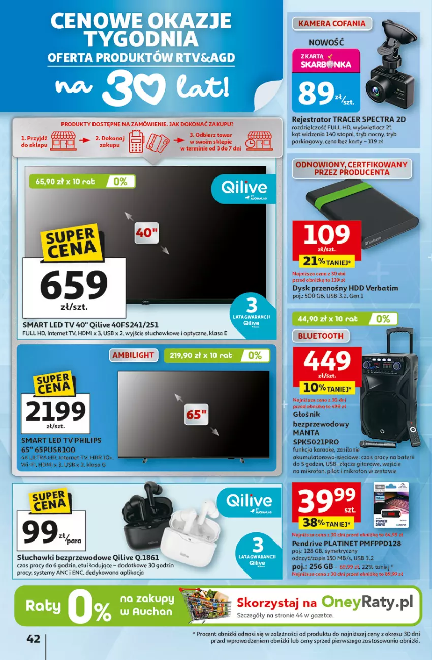 Gazetka promocyjna Auchan - 30 Lat Hipermarket - ważna 12.02 do 18.02.2026 - strona 42 - produkty: Acer, Akumulator, Dysk przenośny, Fa, Kamera, LED TV, Manta, Mikrofon, Pendrive, Philips, PLATINET, Silan, Słuchawki, Słuchawki bezprzewodowe, Top