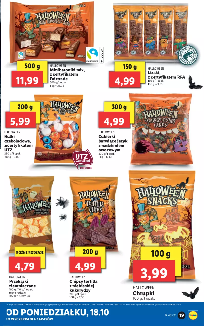 Gazetka promocyjna Lidl - GAZETKA - ważna 18.10 do 24.10.2021 - strona 19 - produkty: Baton, Chipsy, Chrupki, Cukier, Cukierki, Fa, Lizaki, Tonik, Tortilla