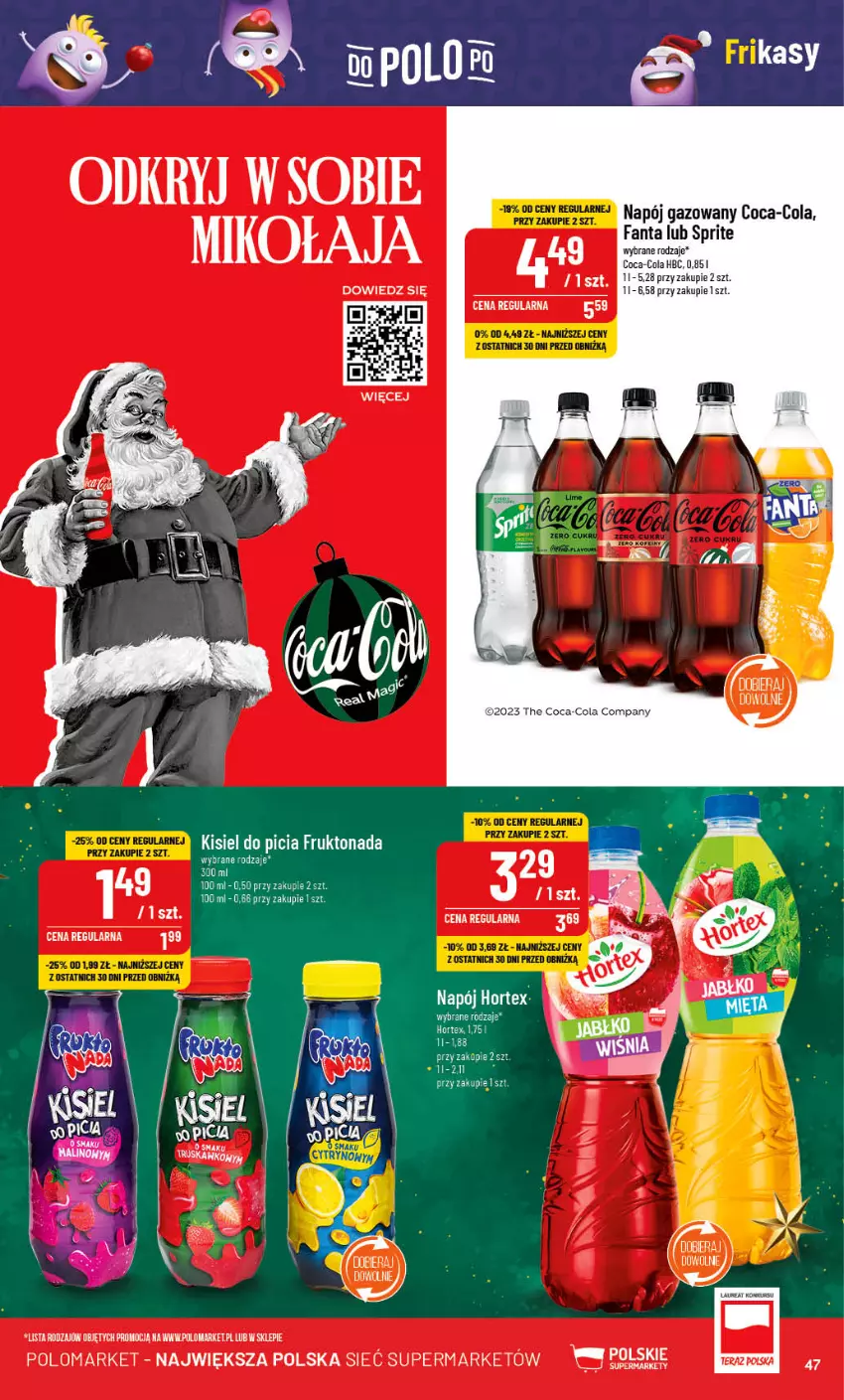 Gazetka promocyjna PoloMarket - Gazetka pomocyjna - ważna 15.11 do 21.11.2023 - strona 47 - produkty: Coca-Cola, Fa, Fanta, Hortex, Kisiel, Laur, Napój, Napój gazowany, Sprite, Tera